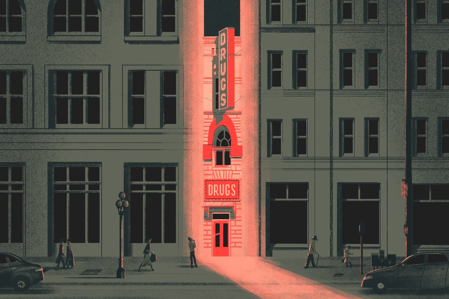 a red glow illuminates a old style pharmacy